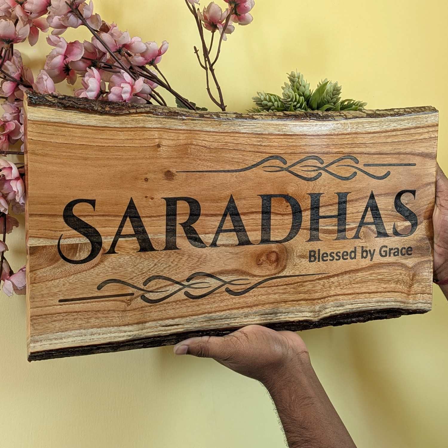 Rustic Natural Wood Name Plate with Planter | Live Edge Door Nameplate with Plant Holder - Image 10