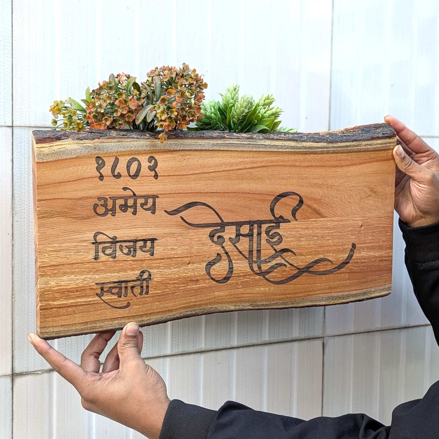 Rustic Natural Wood Name Plate with Planter | Live Edge Door Nameplate with Plant Holder - Image 7