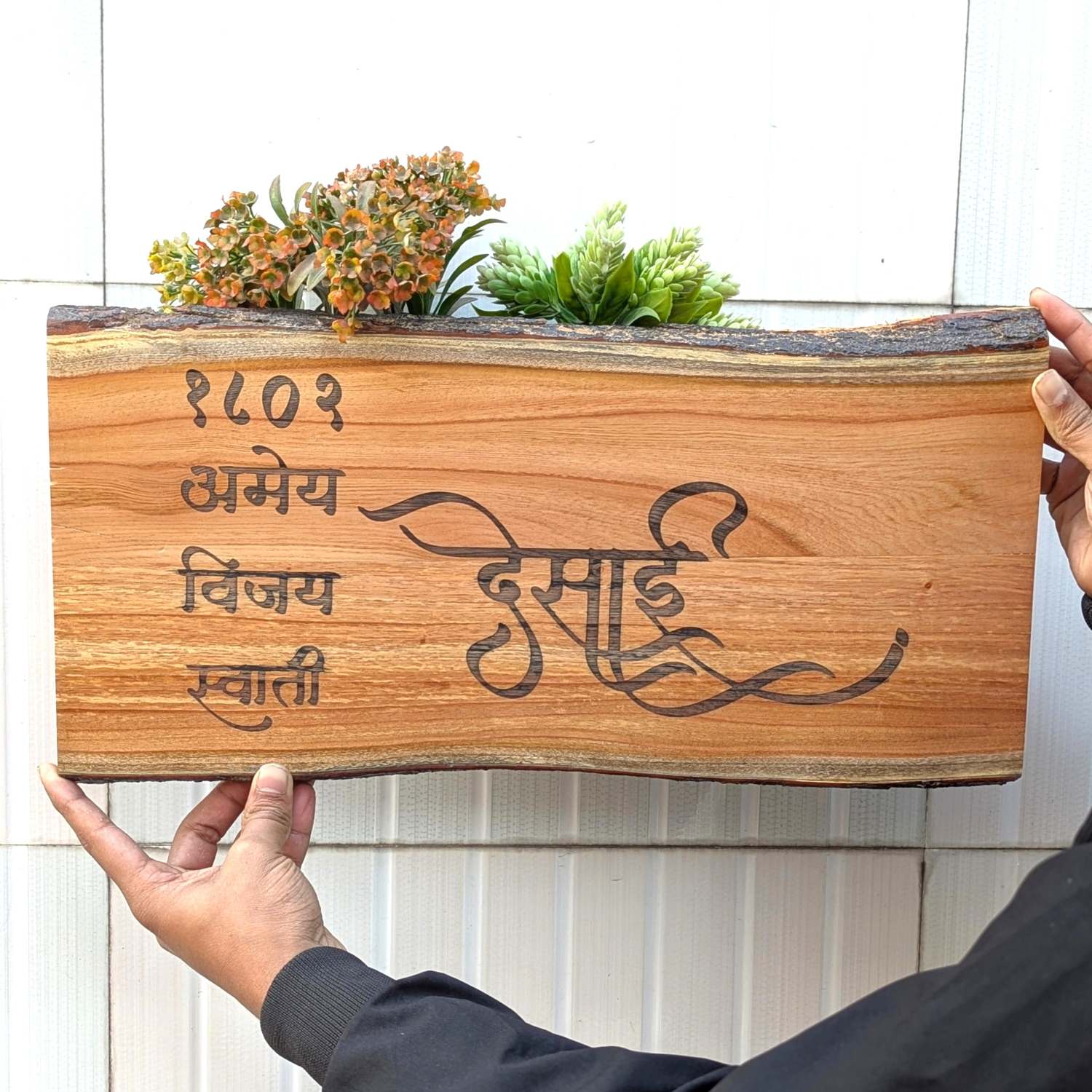 Rustic Natural Wood Name Plate with Planter | Live Edge Door Nameplate with Plant Holder - Image 9