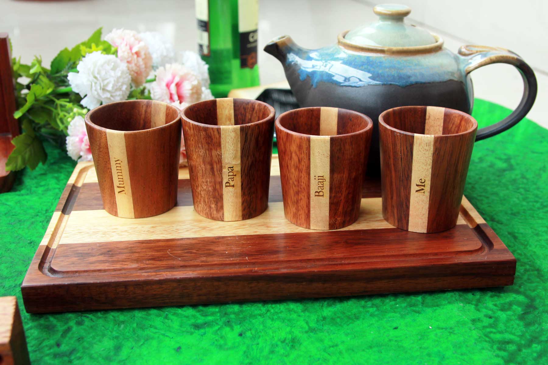 Gift Set: 4 Wooden Tea & Coffee Cups & Wood Serving Board - Image 5