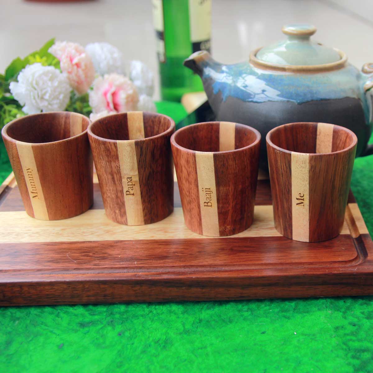 Gift Set: 4 Wooden Tea & Coffee Cups & Wood Serving Board - Image 6