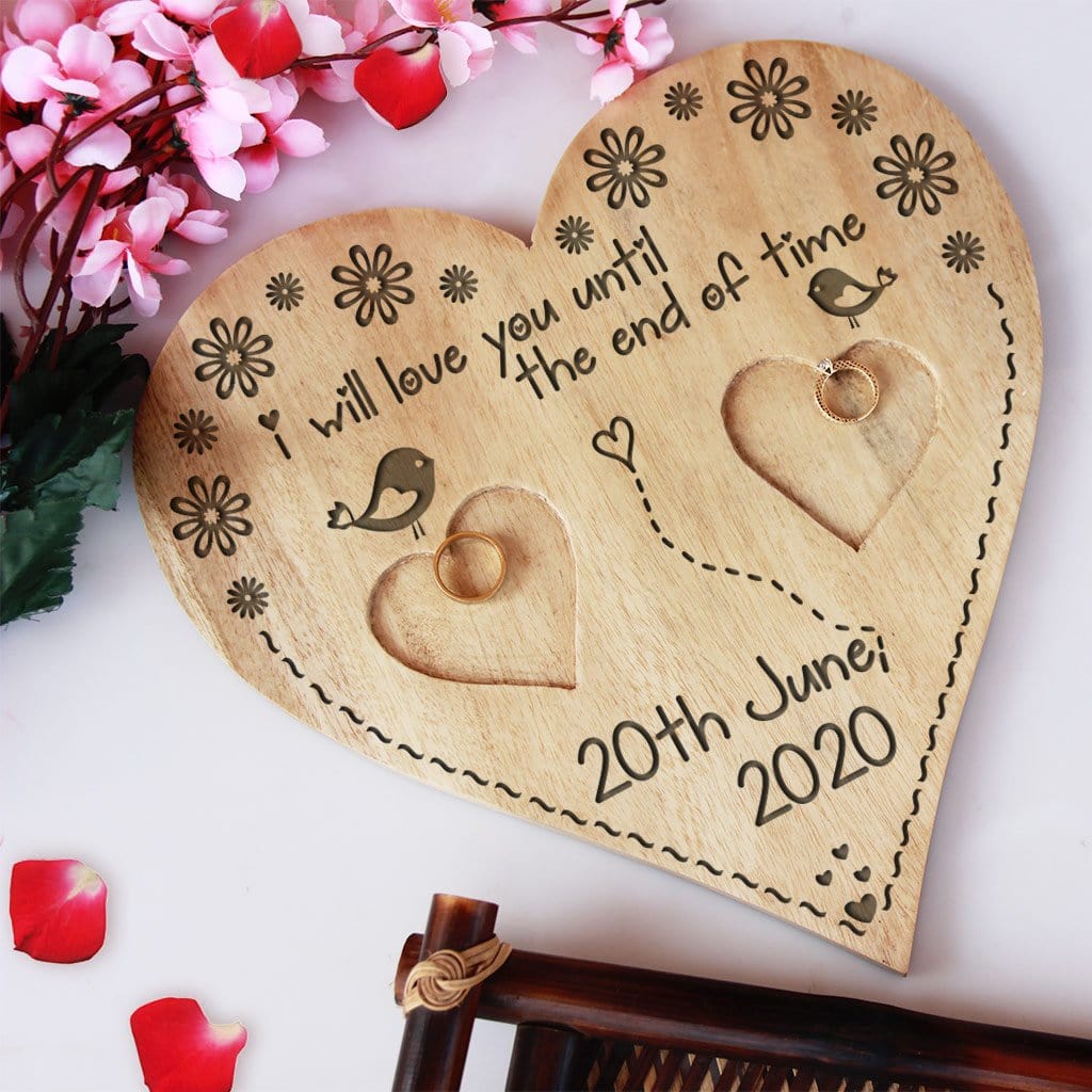 Until The End Of Time Heart Ring Holder - Wooden Wedding Ring Holder & Engagement Tray