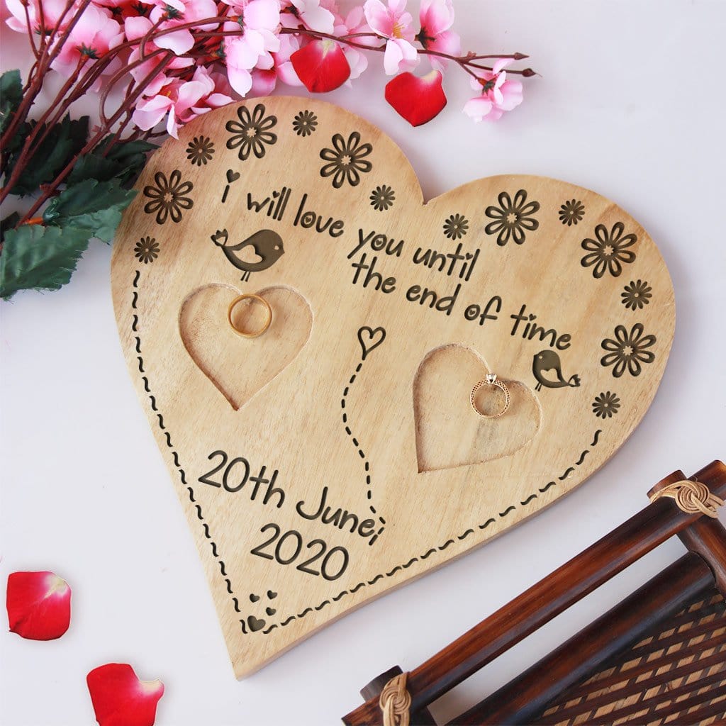 Until The End Of Time Heart Ring Holder - Wooden Wedding Ring Holder & Engagement Tray - Image 2