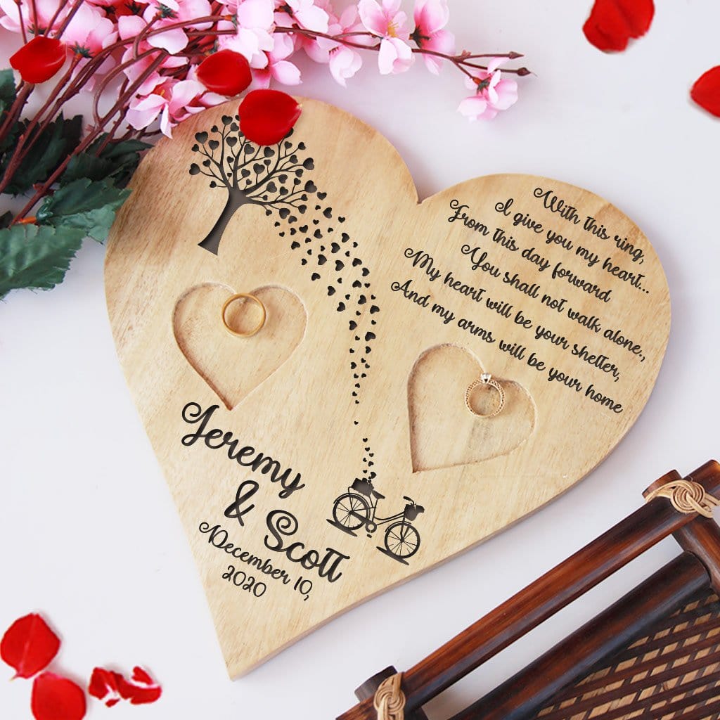 With This Ring Heart Ring Holder - Wooden Wedding Ring Holder & Engagement Tray