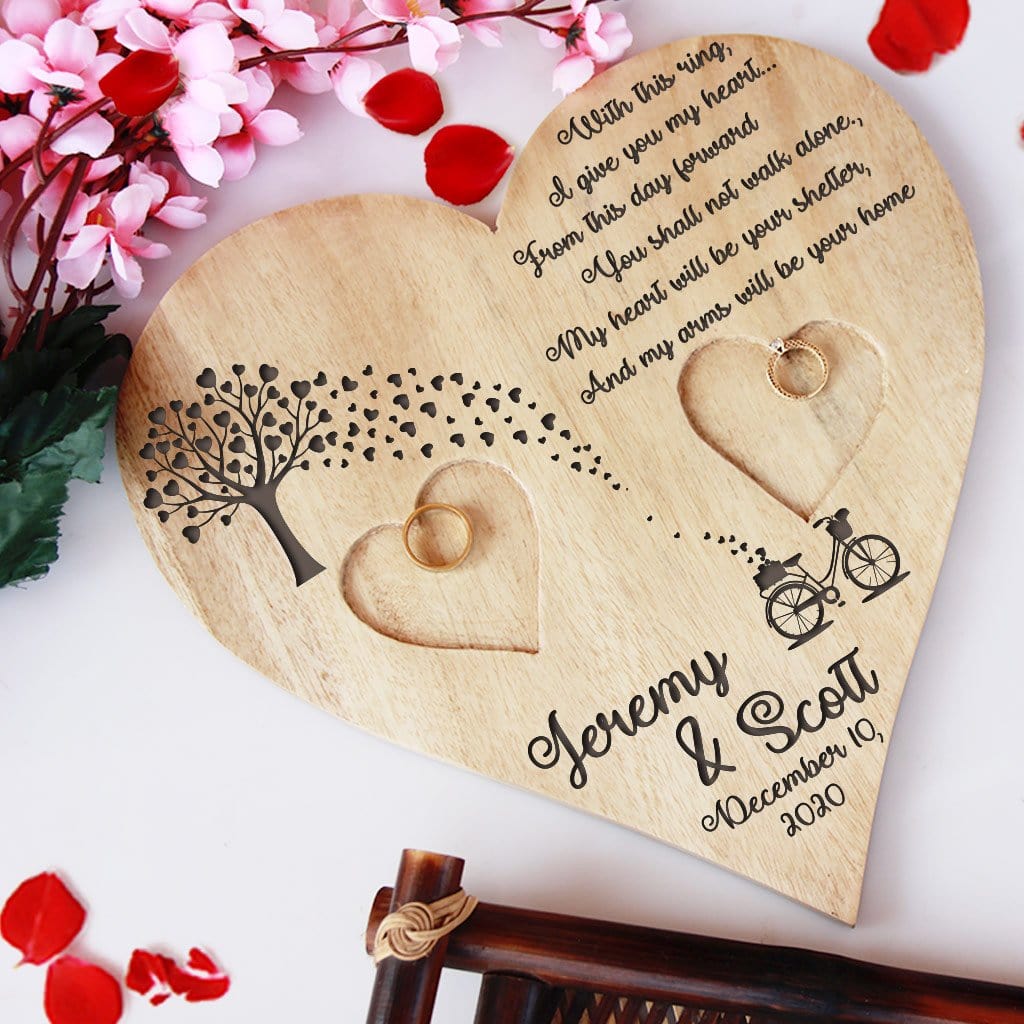 With This Ring Heart Ring Holder - Wooden Wedding Ring Holder & Engagement Tray - Image 2