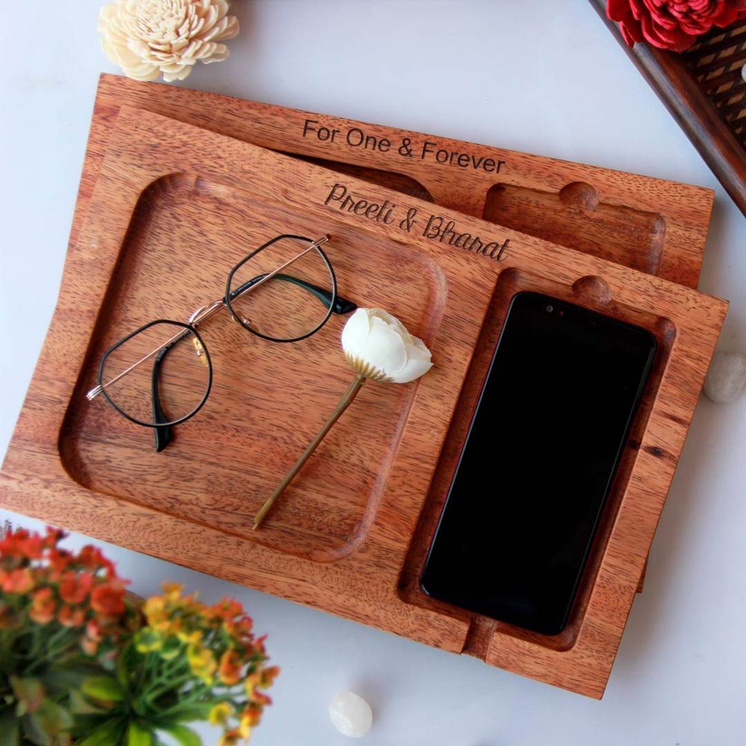 Wood Valet Tray & Phone Tray With Charging Station - Image 3