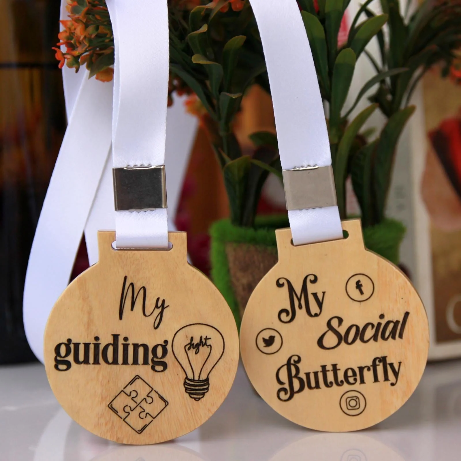 Set Of 2 Wooden Medal - Guiding Light & Social Butterfly