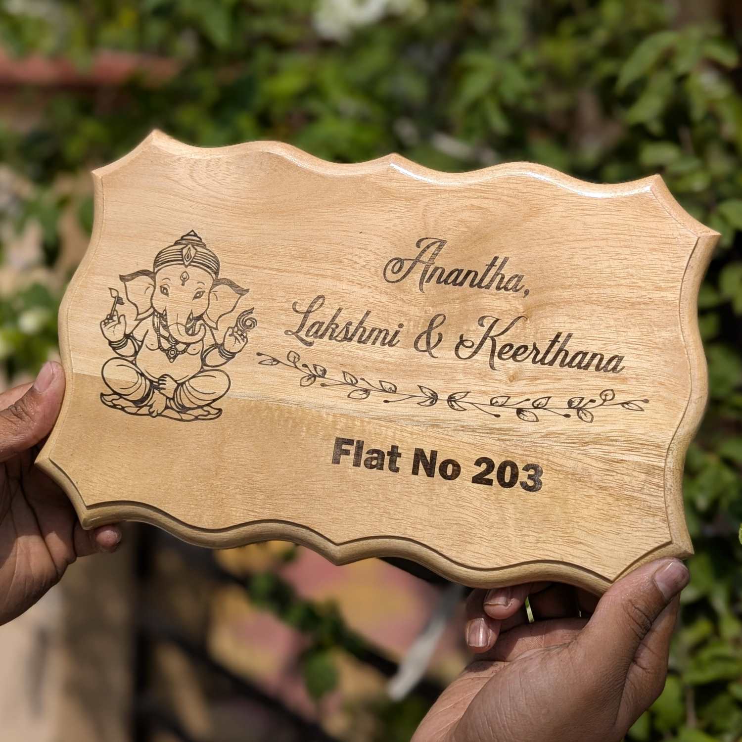 Divine Elegance Engraved Wooden Nameplate | Custom Home Sign with Flat Number - Image 2