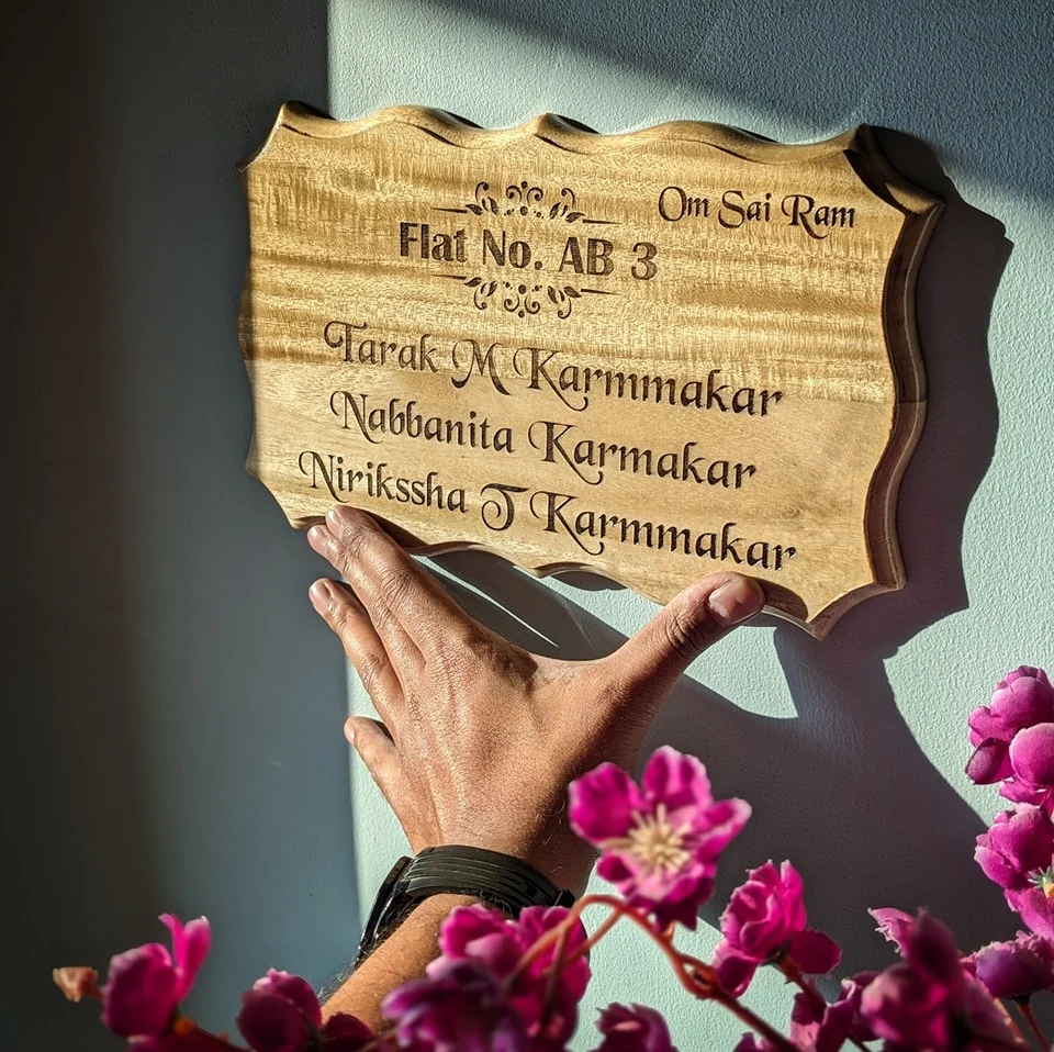 Divine Elegance Engraved Wooden Nameplate | Custom Home Sign with Flat Number - Image 3