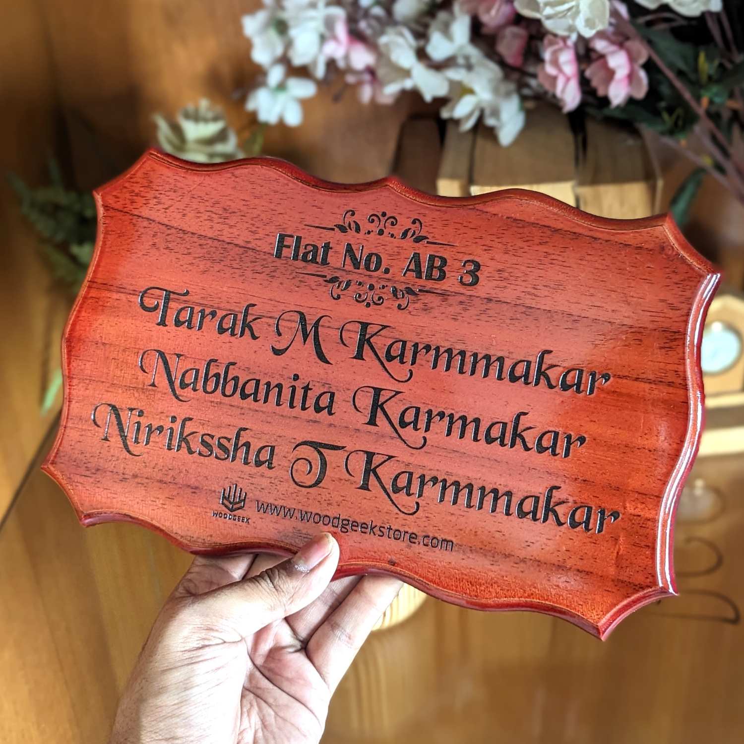 Divine Elegance Engraved Wooden Nameplate | Custom Home Sign with Flat Number - Image 5