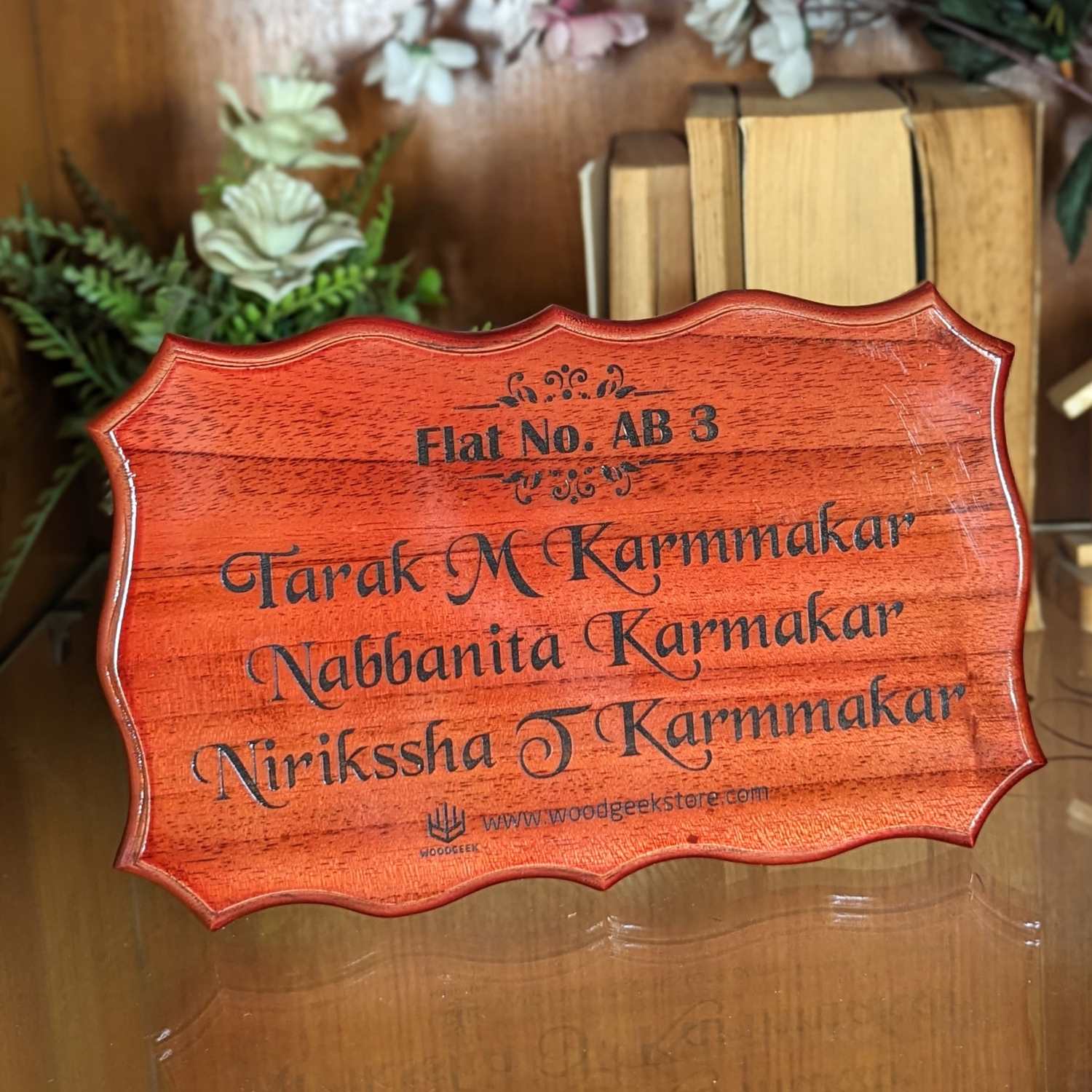 Divine Elegance Engraved Wooden Nameplate | Custom Home Sign with Flat Number - Image 7