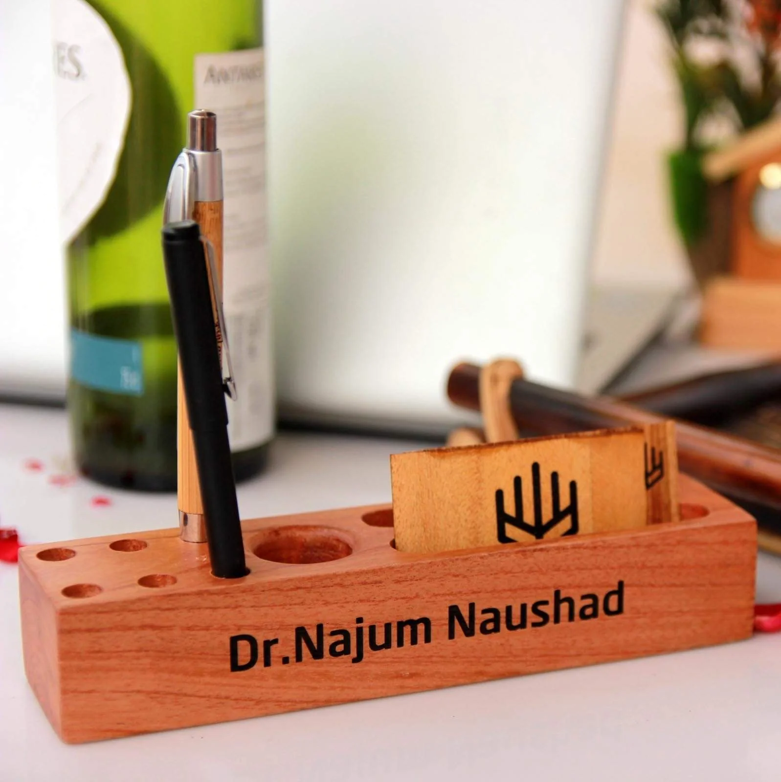 Wooden Table Organizer With Pen Stand & Visiting Card Holder | Corporate Gifts - Image 3
