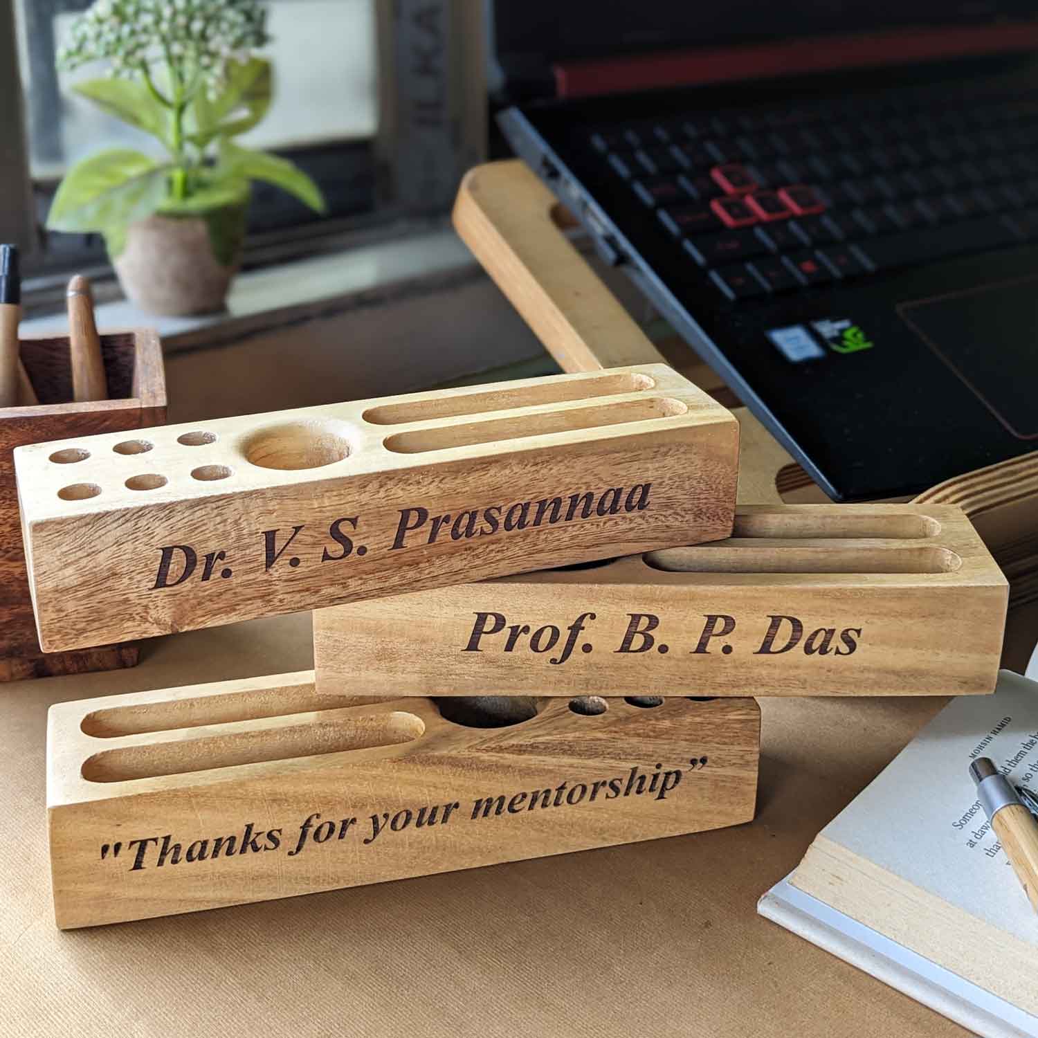 Wooden Table Organizer With Pen Stand & Visiting Card Holder For Teacher - Image 3