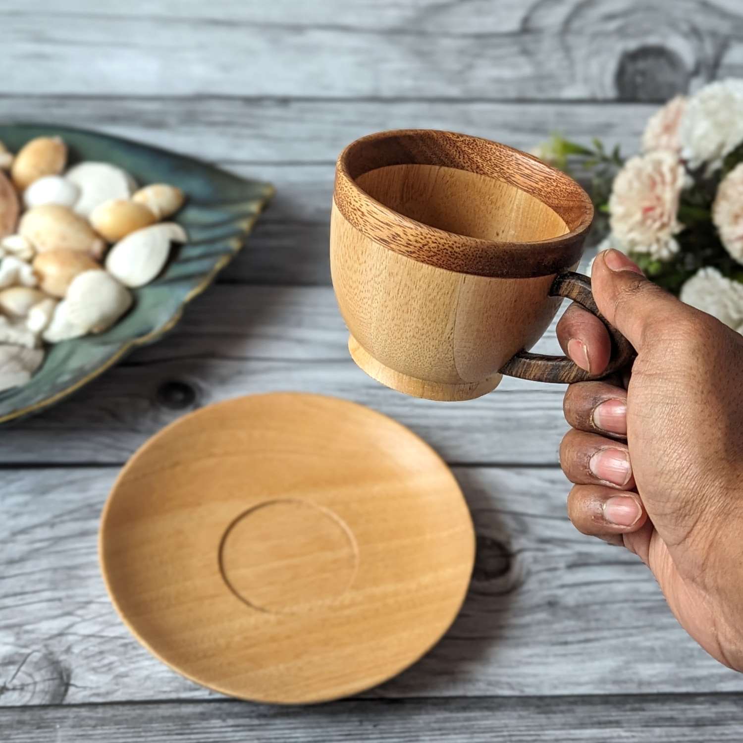 Wooden Tea Cup & Saucer Set | Birthday Gift Set For Tea Lovers - Image 5