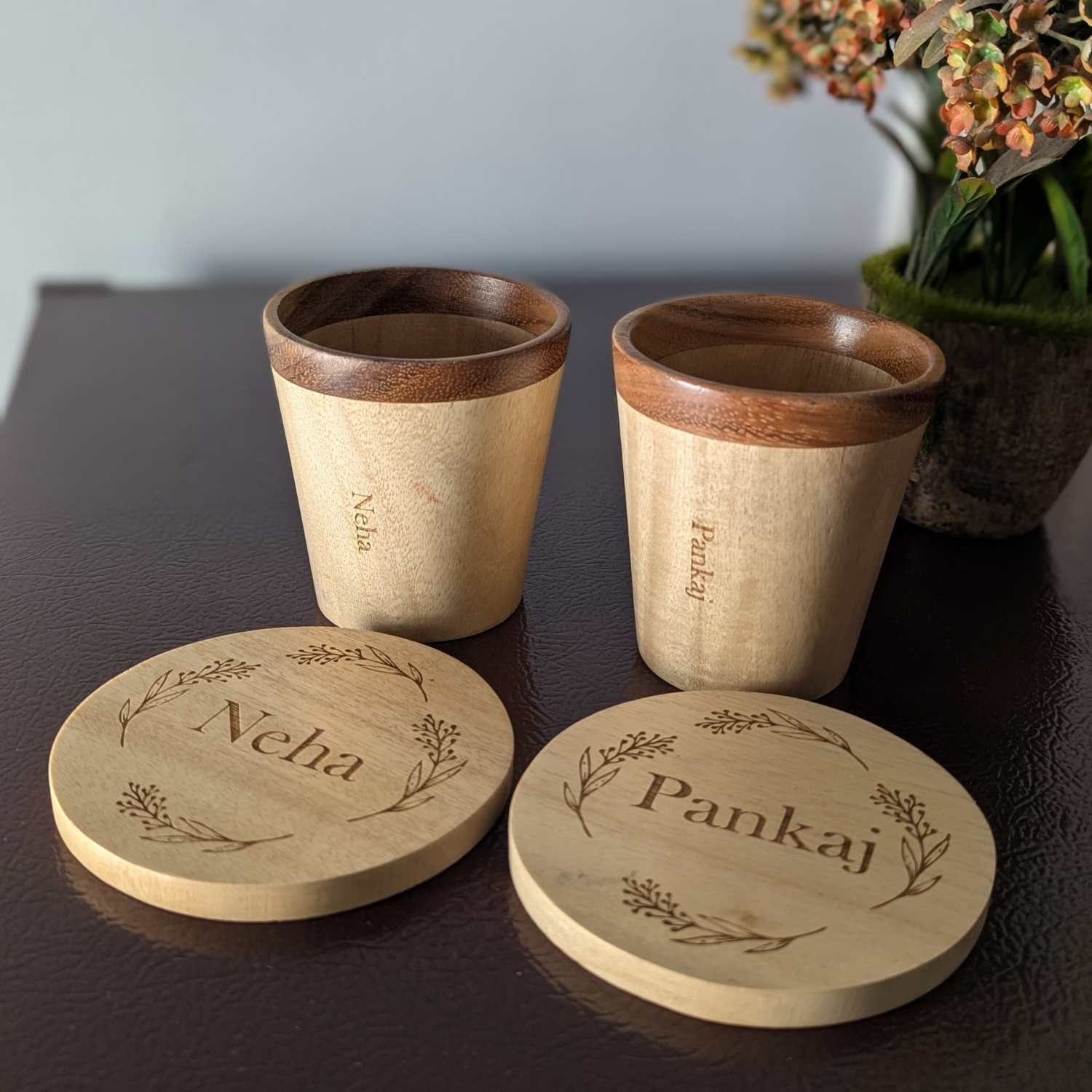 Wooden Tea Cups & Coasters With Name Engraved | Personalized Gift Set - Image 2