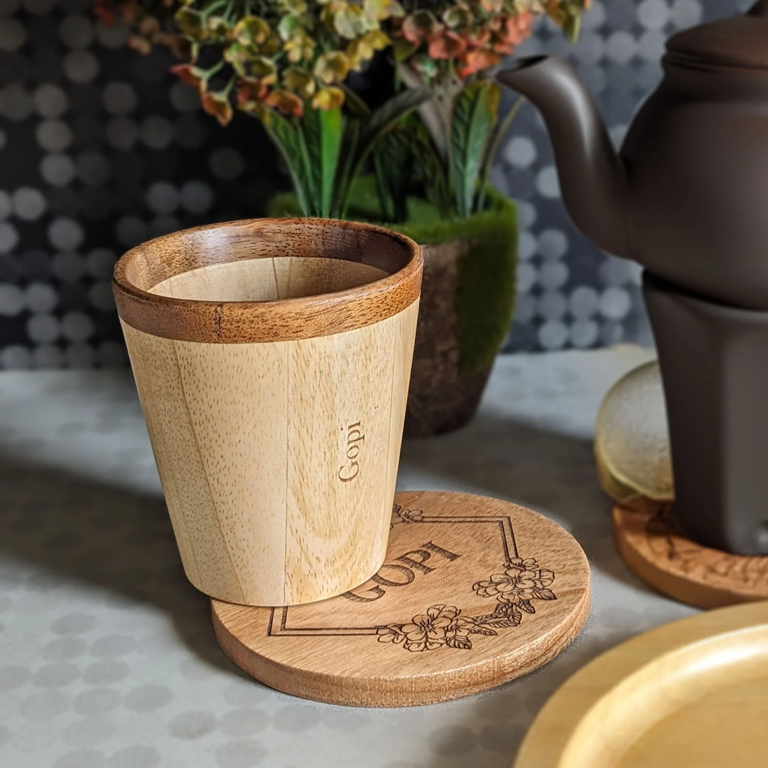 Wooden Tea Cups & Coasters With Name Engraved | Personalized Gift Set - Image 3