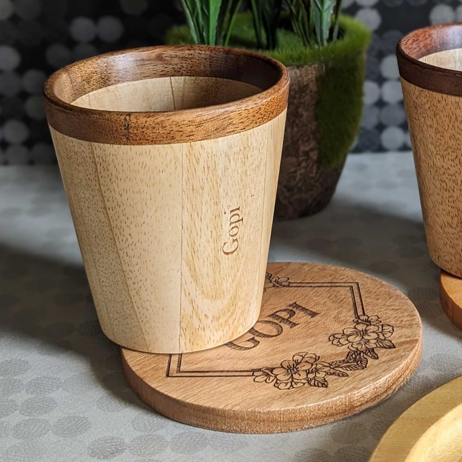 Wooden Tea Cups & Coasters With Name Engraved | Personalized Gift Set - Image 4