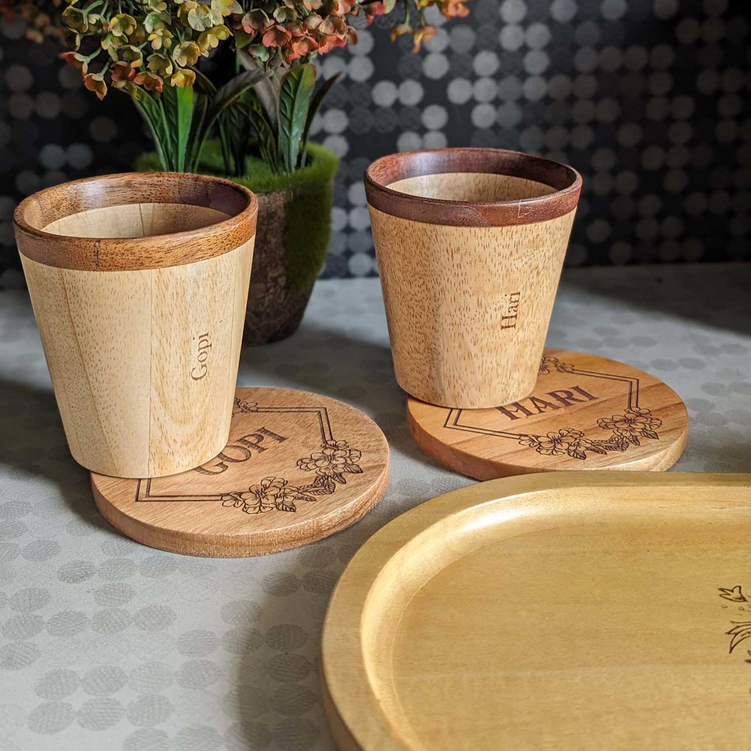 Wooden Tea Cups & Coasters With Name Engraved | Personalized Gift Set - Image 5