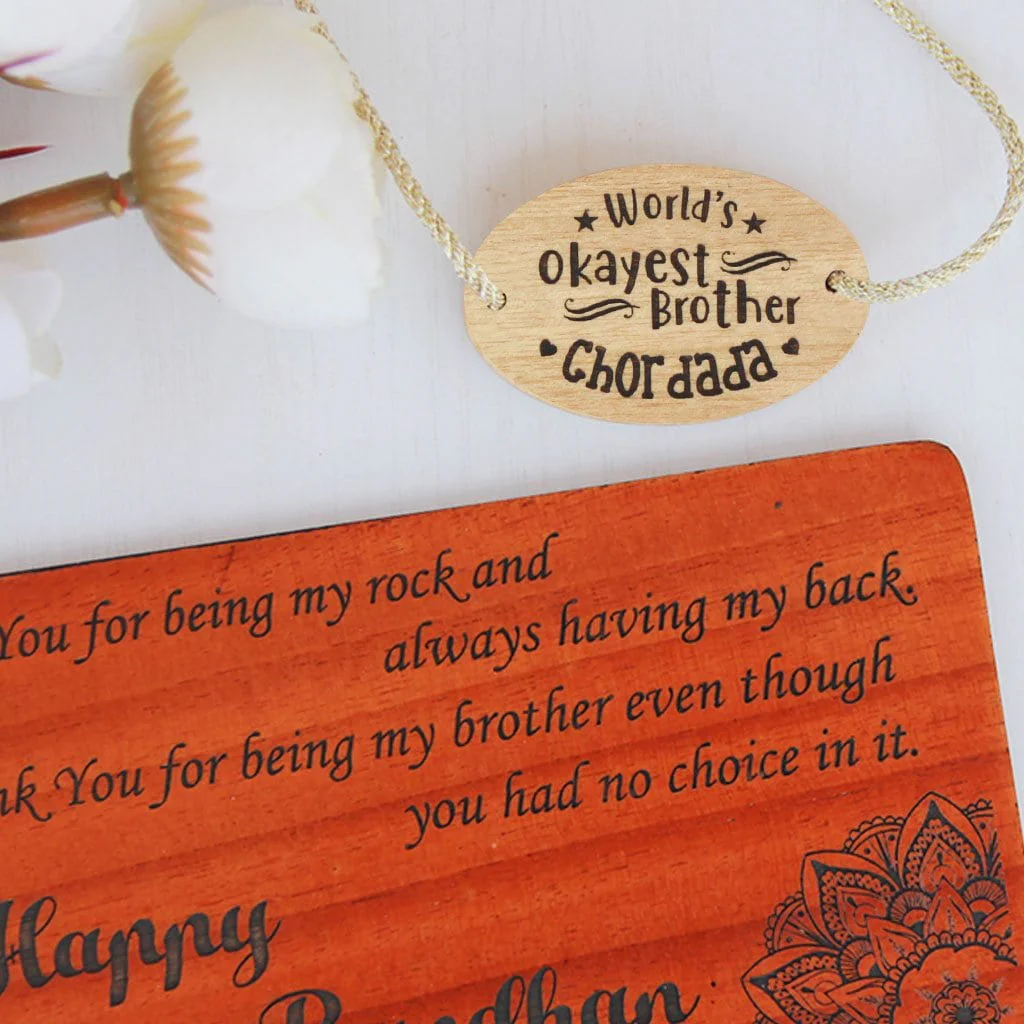 World's Okayest Brother Personalised Wooden Rakhi & Greeting Card